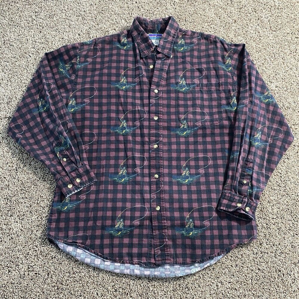 VTG North Crest Button Up Long Sleeve‎ Medium Plaid Fly Fishing Novelty 90s